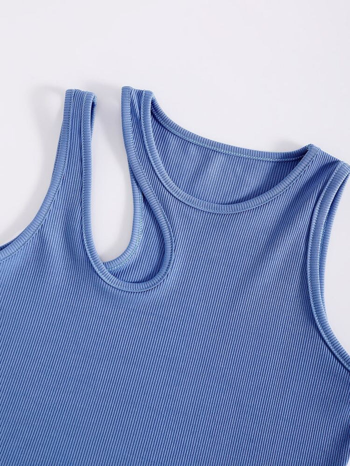 Women’s Sky Blue Ribbed Asymmetrical Tank Top – Sleeveless Cutout Summer Crop Top