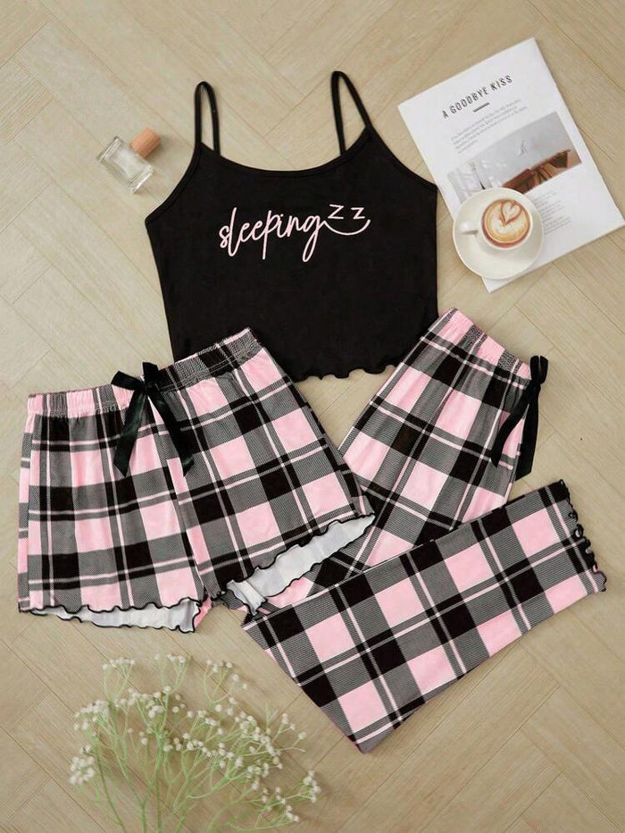 Women’s Sleeping Print 3 Piece Pajama Set – Black Cami with Pink Plaid Shorts & Pants Sleepwear Set