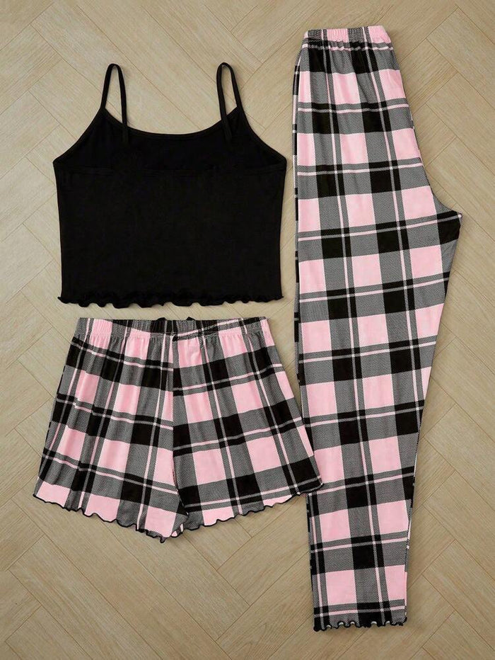 Women’s Sleeping Print 3 Piece Pajama Set – Black Cami with Pink Plaid Shorts & Pants Sleepwear Set