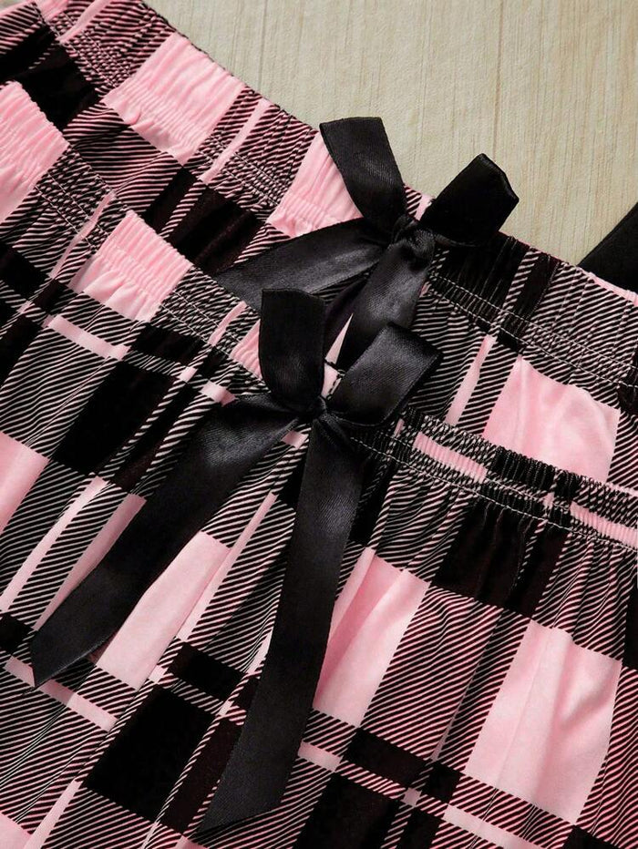 Women’s Sleeping Print 3 Piece Pajama Set – Black Cami with Pink Plaid Shorts & Pants Sleepwear Set
