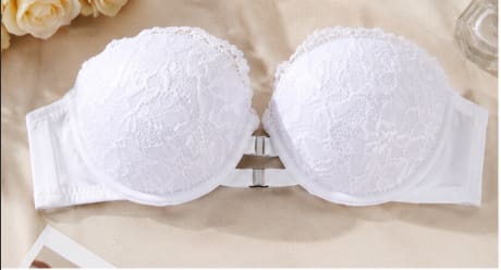 Women’s Strapless Front Closure Push Up Lace Bra – White Padded Backless Tube Bra for Off Shoulder Dresses