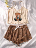Women’s Teddy Bear Cami & Shorts Pajama Set – Cute Cartoon Two Piece Sleepwear Set
