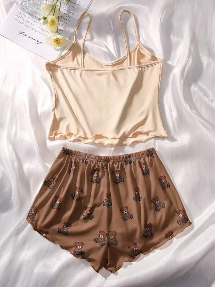 Women’s Teddy Bear Cami & Shorts Pajama Set – Cute Cartoon Two Piece Sleepwear Set