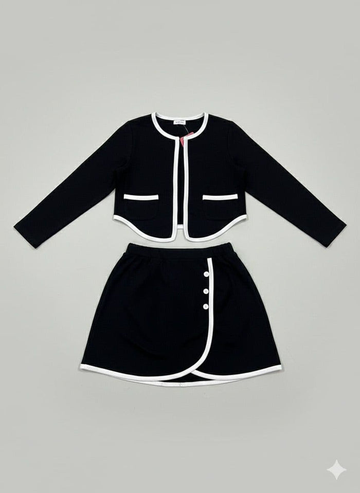 Women’s Two-Piece Skirt Set with Contrast Trim – Black & White
