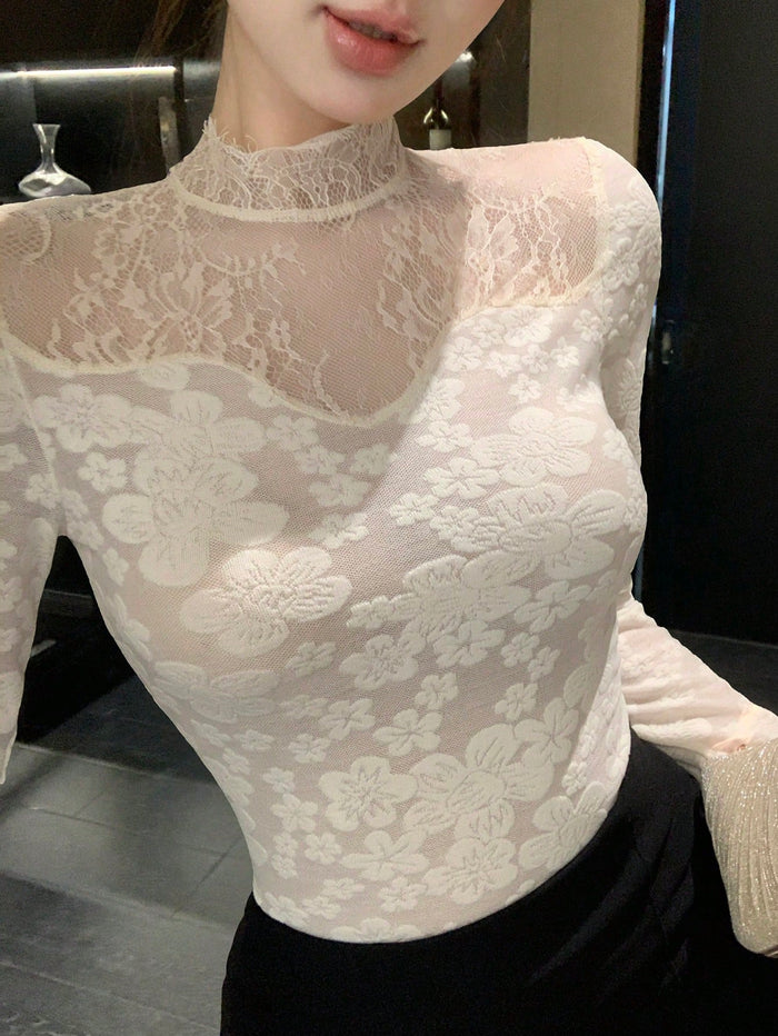 Women’s White Floral Lace High Neck Sheer Top