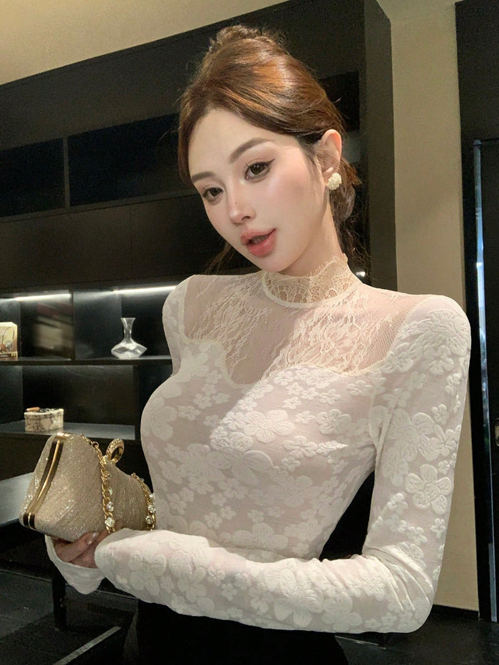 Women’s White Floral Lace High Neck Sheer Top