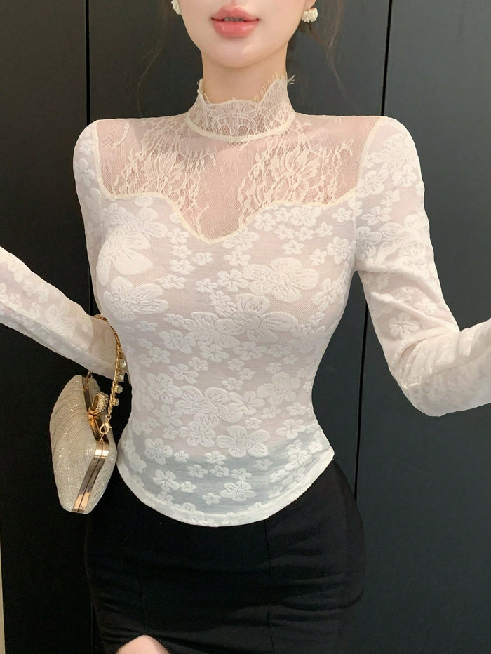 Women’s White Floral Lace High Neck Sheer Top
