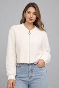 Women’s White Fuzzy Zip-Up Cardigan – Soft Fluffy Long Sleeve Winter Jacket – Cozy Short Knit Outerwear