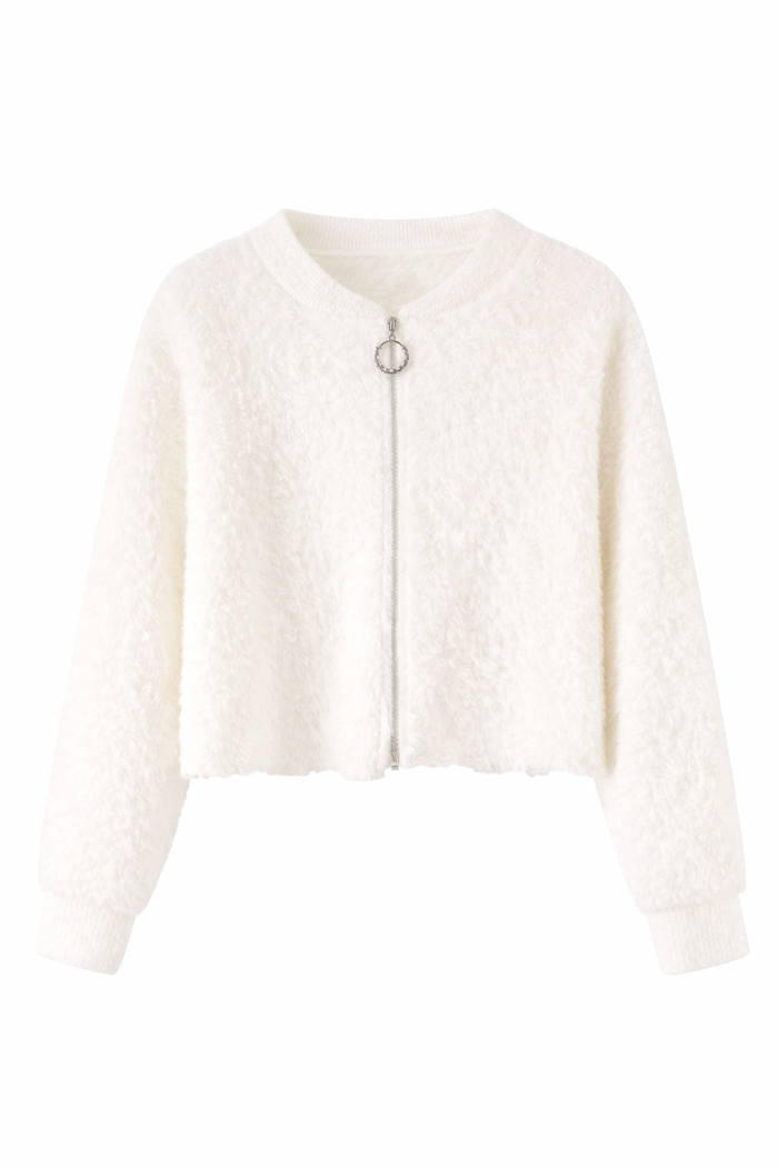 Women’s White Fuzzy Zip-Up Cardigan – Soft Fluffy Long Sleeve Winter Jacket – Cozy Short Knit Outerwear