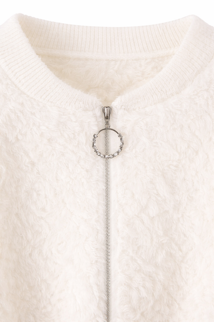 Women’s White Fuzzy Zip-Up Cardigan – Soft Fluffy Long Sleeve Winter Jacket – Cozy Short Knit Outerwear