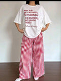 Women’s White Graphic T-Shirt and Gingham Pants Pajama Set