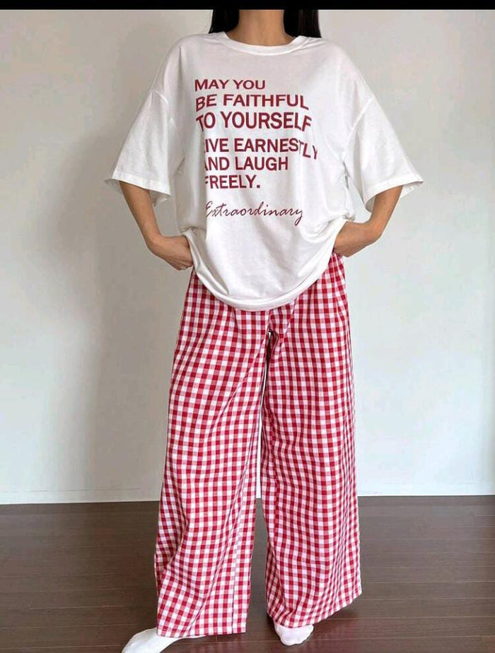 Women’s White Graphic T-Shirt and Gingham Pants Pajama Set
