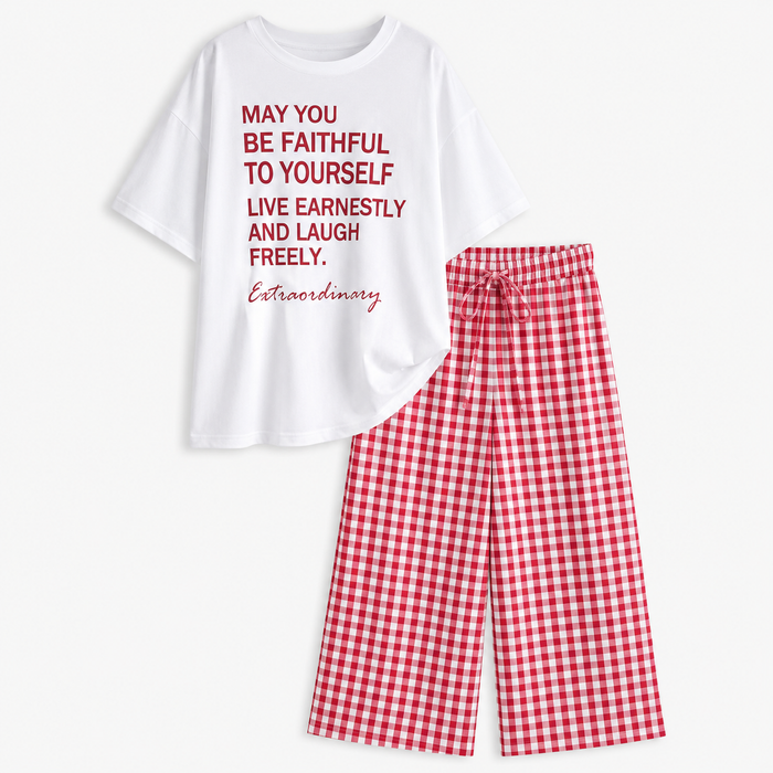 Women’s White Graphic T-Shirt and Gingham Pants Pajama Set