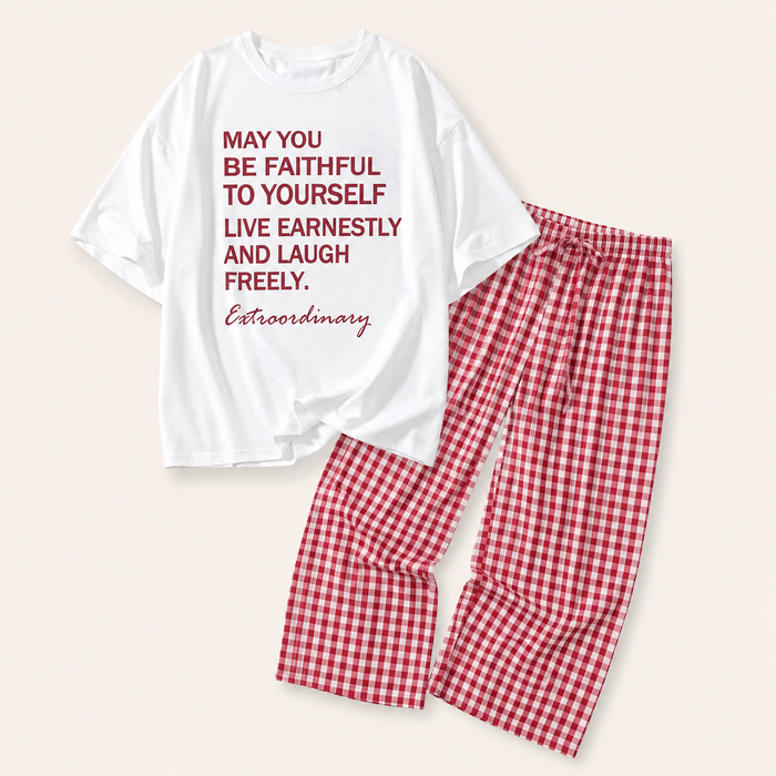Women’s White Graphic T-Shirt and Gingham Pants Pajama Set