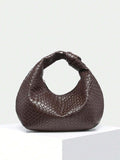 Women's Woven Hobo Shoulder Bag – Dark Brown Faux Leather – Slouchy Soft Handbag – Knotted Handle