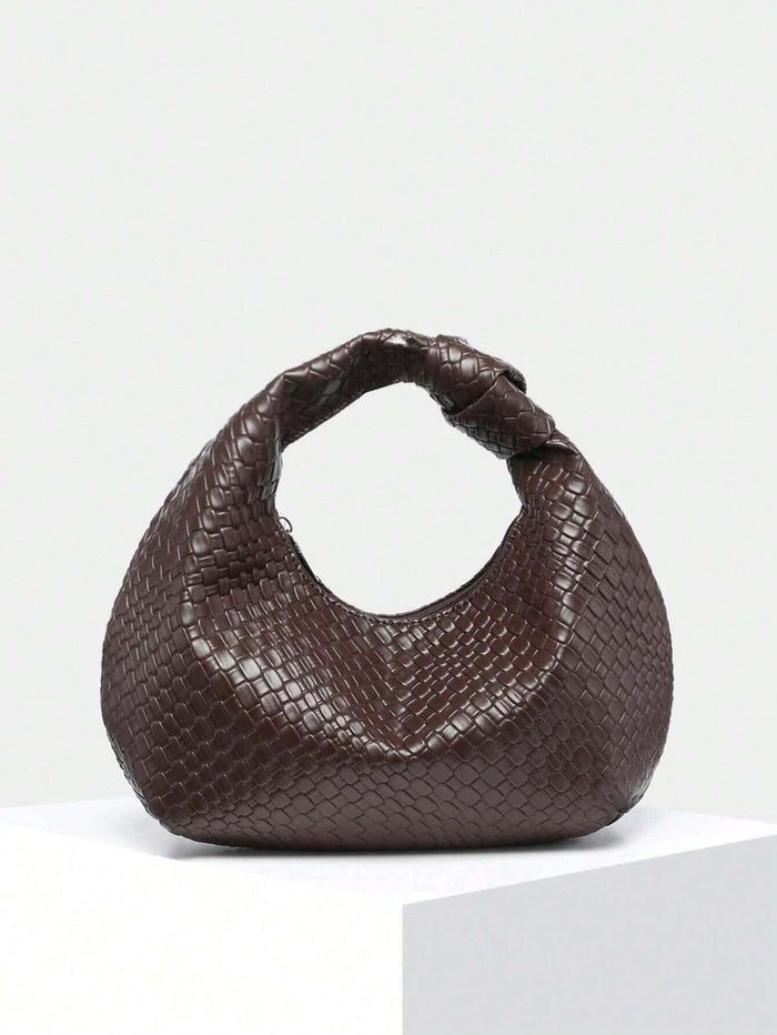 Women's Woven Hobo Shoulder Bag – Dark Brown Faux Leather – Slouchy Soft Handbag – Knotted Handle