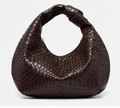 Women's Woven Hobo Shoulder Bag – Dark Brown Faux Leather – Slouchy Soft Handbag – Knotted Handle