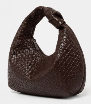 Women's Woven Hobo Shoulder Bag – Dark Brown Faux Leather – Slouchy Soft Handbag – Knotted Handle