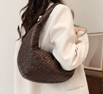 Women's Woven Hobo Shoulder Bag – Dark Brown Faux Leather – Slouchy Soft Handbag – Knotted Handle