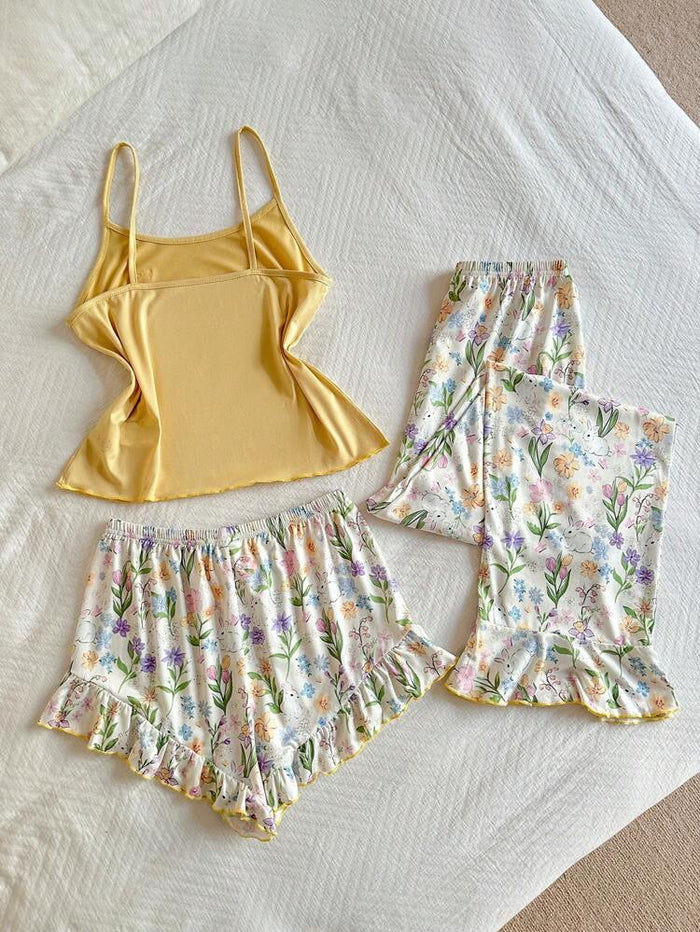 Women’s Yellow Cami 3 Piece Pajama Set – Floral Lounge Pants & Ruffle Shorts Sleepwear Set