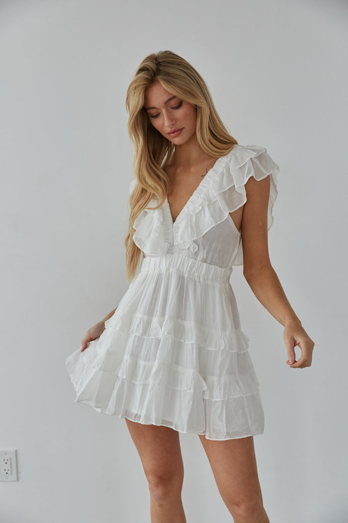 white-image | white flutter sleeve mini dress - graduation dress inspo - sorority rush outfit