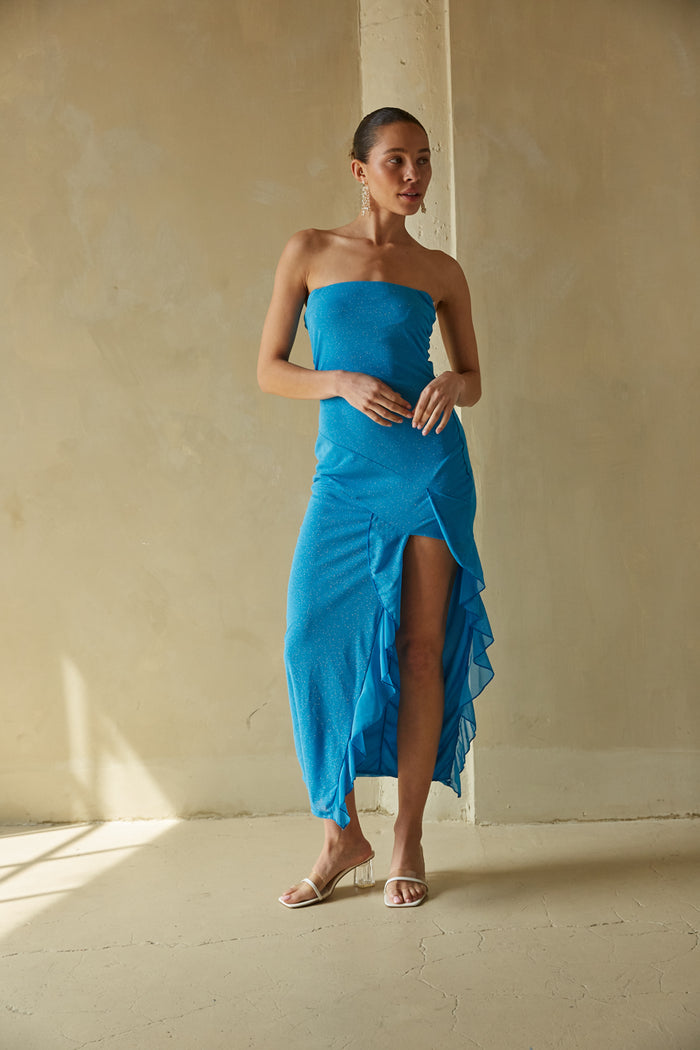 aqua blue sparkle ruffle slit midi dress for prom 2024