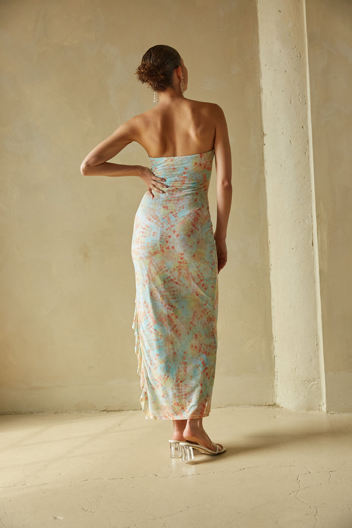 mint and orange strapless dress