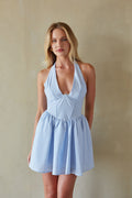 blue-image | Front-image | Gingham Mini Dress | front view showcasing a halter neck gingham mini dress with a gathered bust and flared skirt.