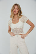 sheer lace puff sleeve crop top - cream lace crop top - girly date night top - ivory lace short sleeve crop top
