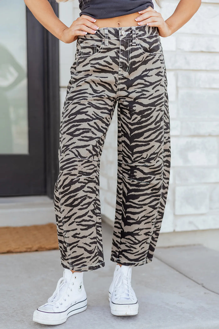 Zebra Stripe Printed Wide Leg Barrel Jeans – Gray