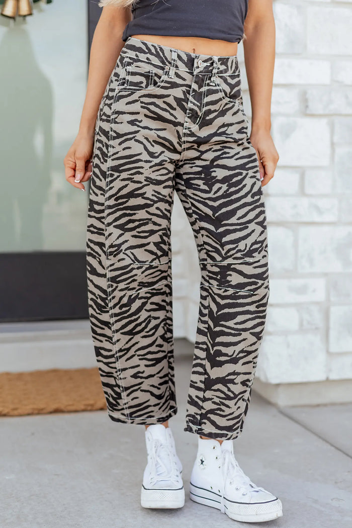 Zebra Stripe Printed Wide Leg Barrel Jeans – Gray