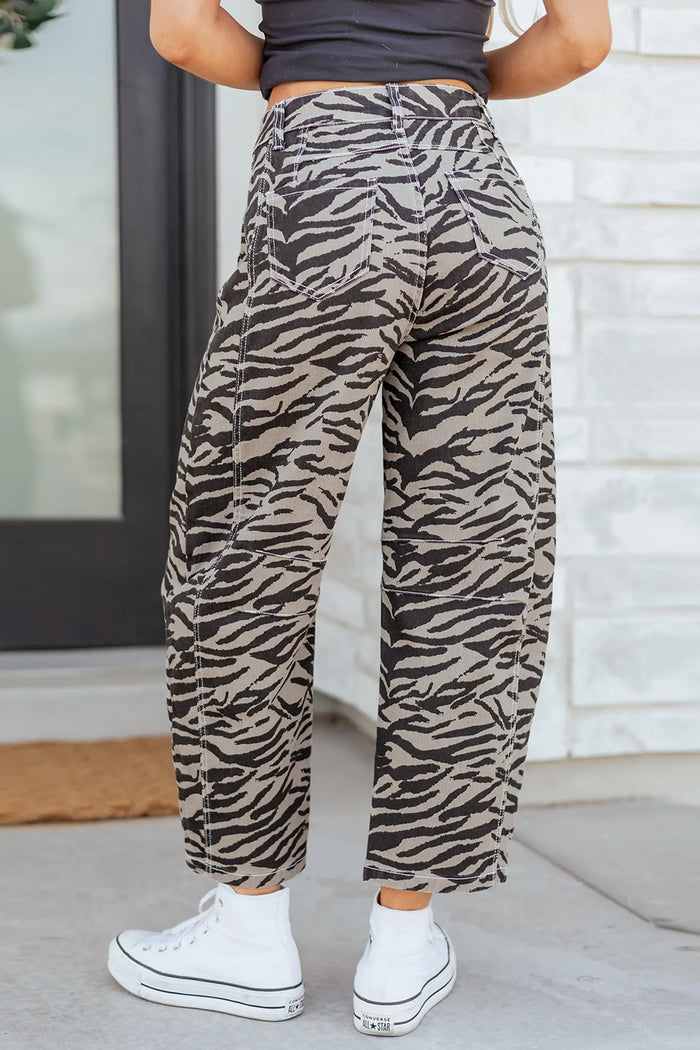 Zebra Stripe Printed Wide Leg Barrel Jeans – Gray