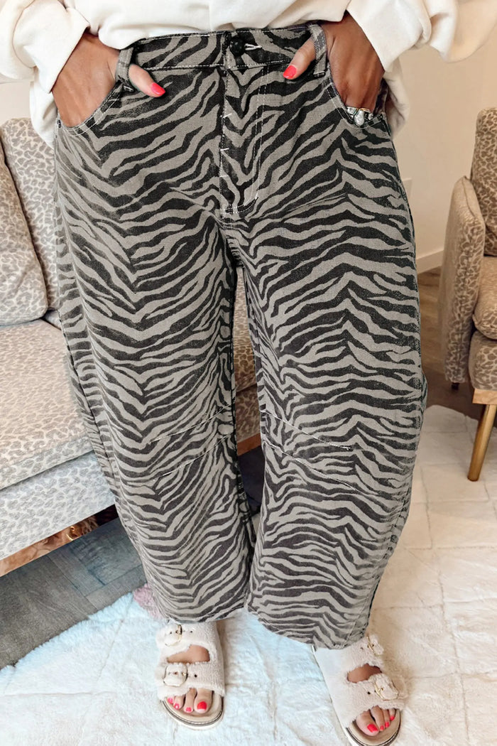 Zebra Stripe Printed Wide Leg Barrel Jeans – Gray
